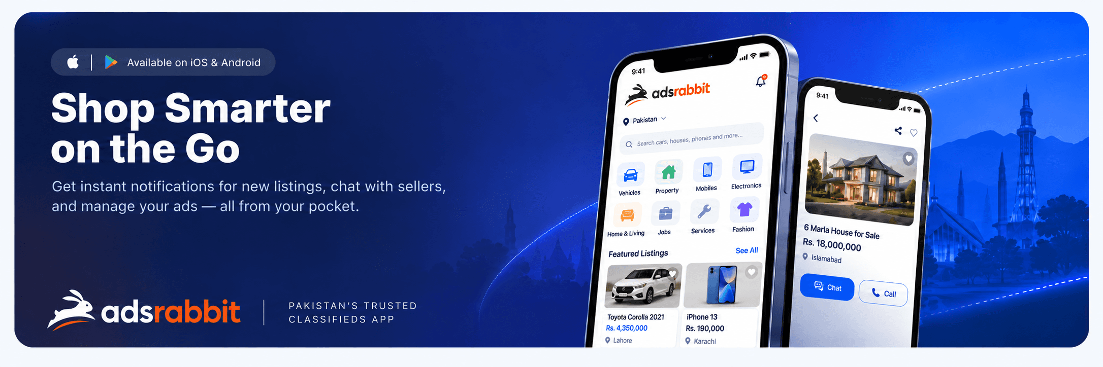 AdsRabbit app screens showing the home feed and a property listing