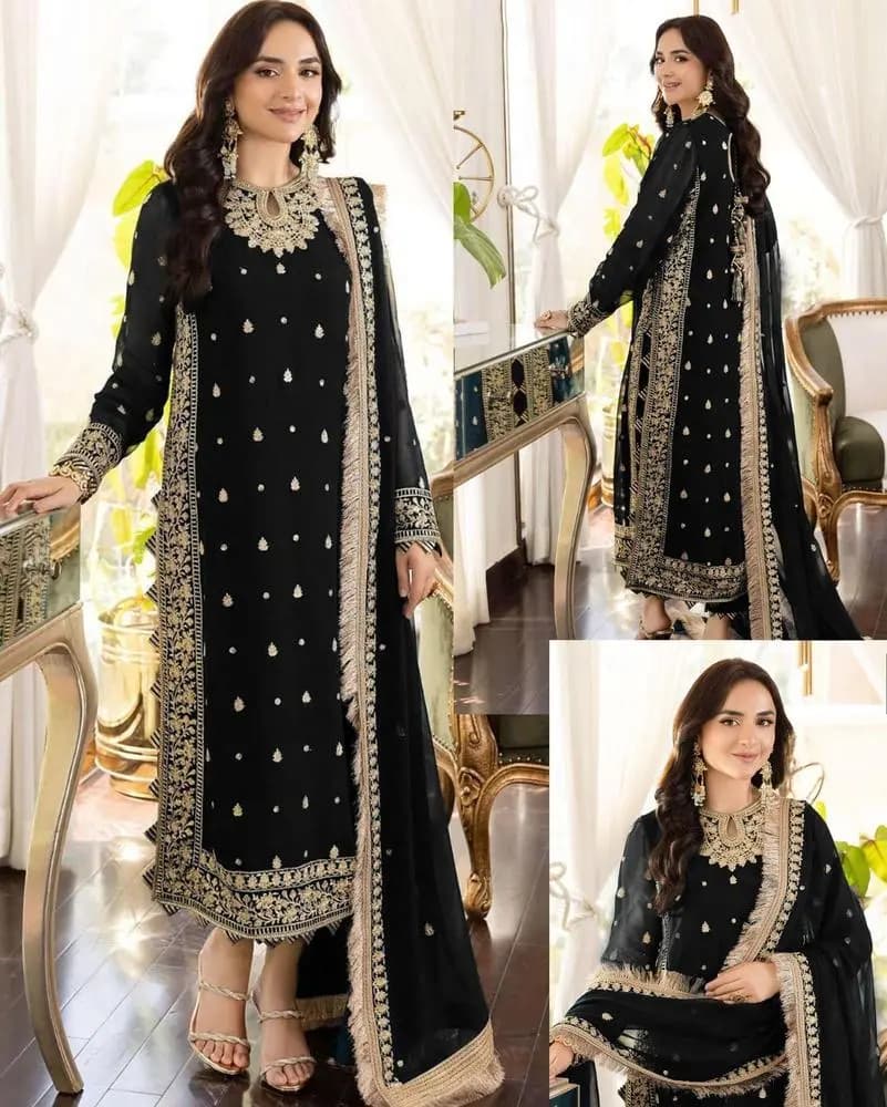 Black embroidered 3 piece crinkle chiffon suit medium to large in Lahore