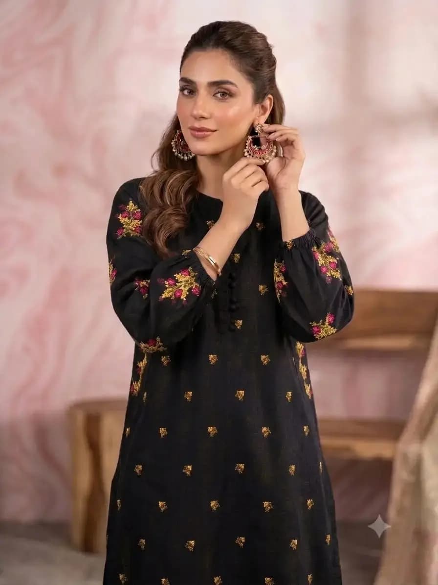 2 pcs women’s stitched cotton embroidered shirt and trouser in Lahore