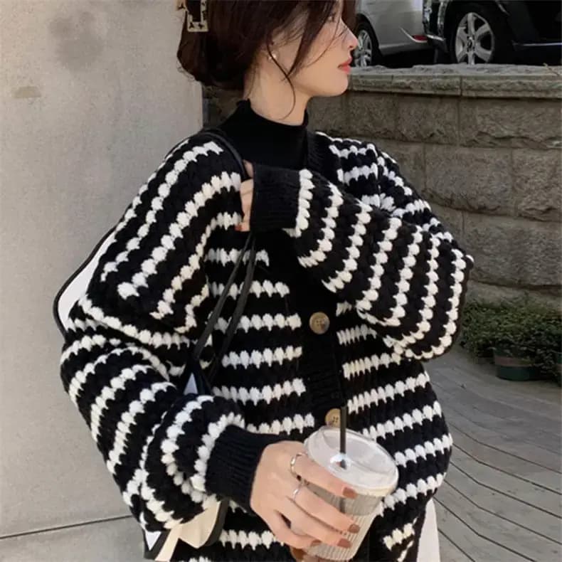 Chanel style striped knit cardigan women autumn in Lahore