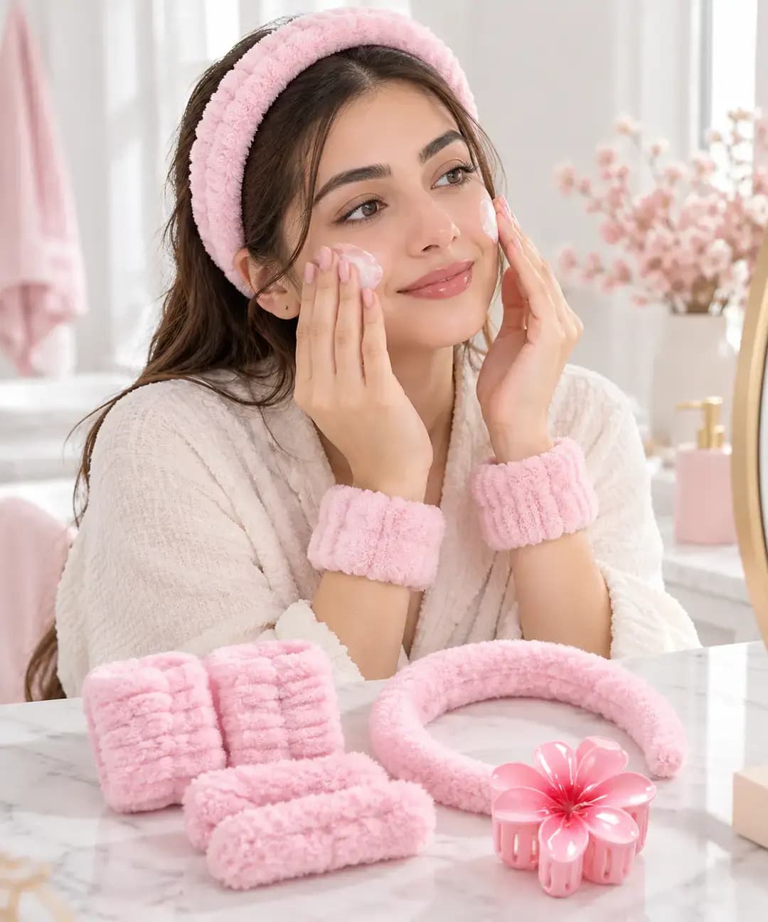 Fluffy skincare headband & wristband set with flower hair clip cute face washing accessories in Lahore