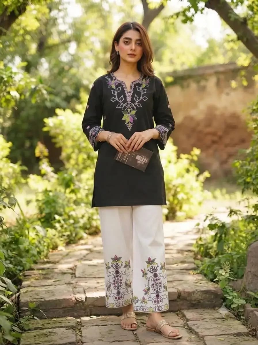 2 pcs women’s stitched cotton embroidered shirt and trouser in Lahore