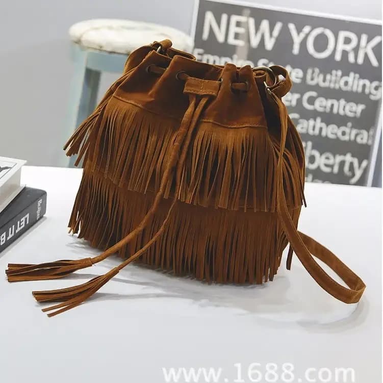Khaki velvet Tassel drawstring bucket bag for women in Lahore