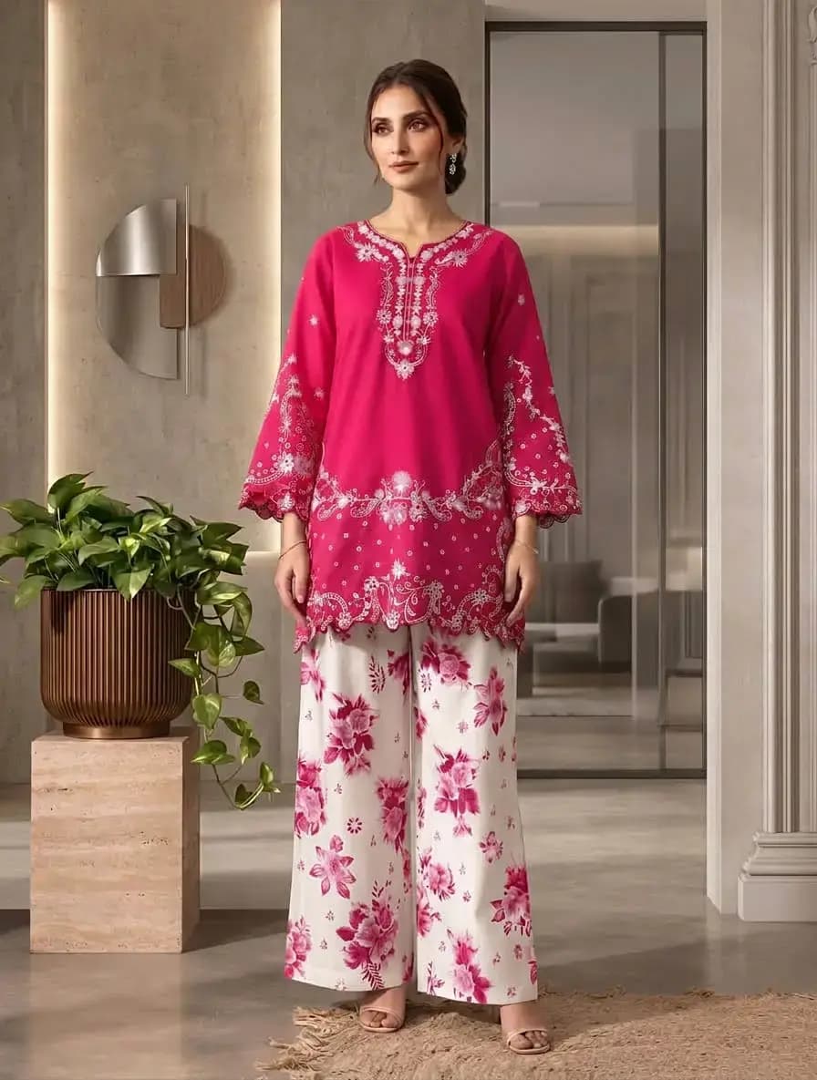 2 pcs women’s stitched cotton embroidered shirt and trouser in Lahore