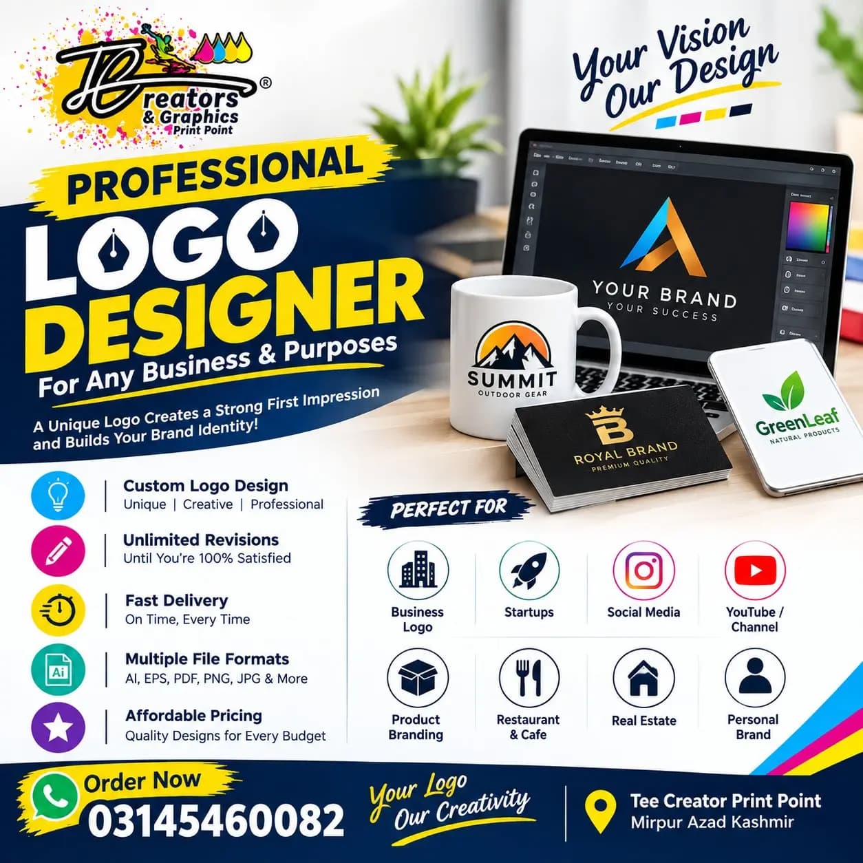 Professional logo design services in Mirpur, Azad Kashmir by Tee Creators & Graphics Print Point in Sector C-3
