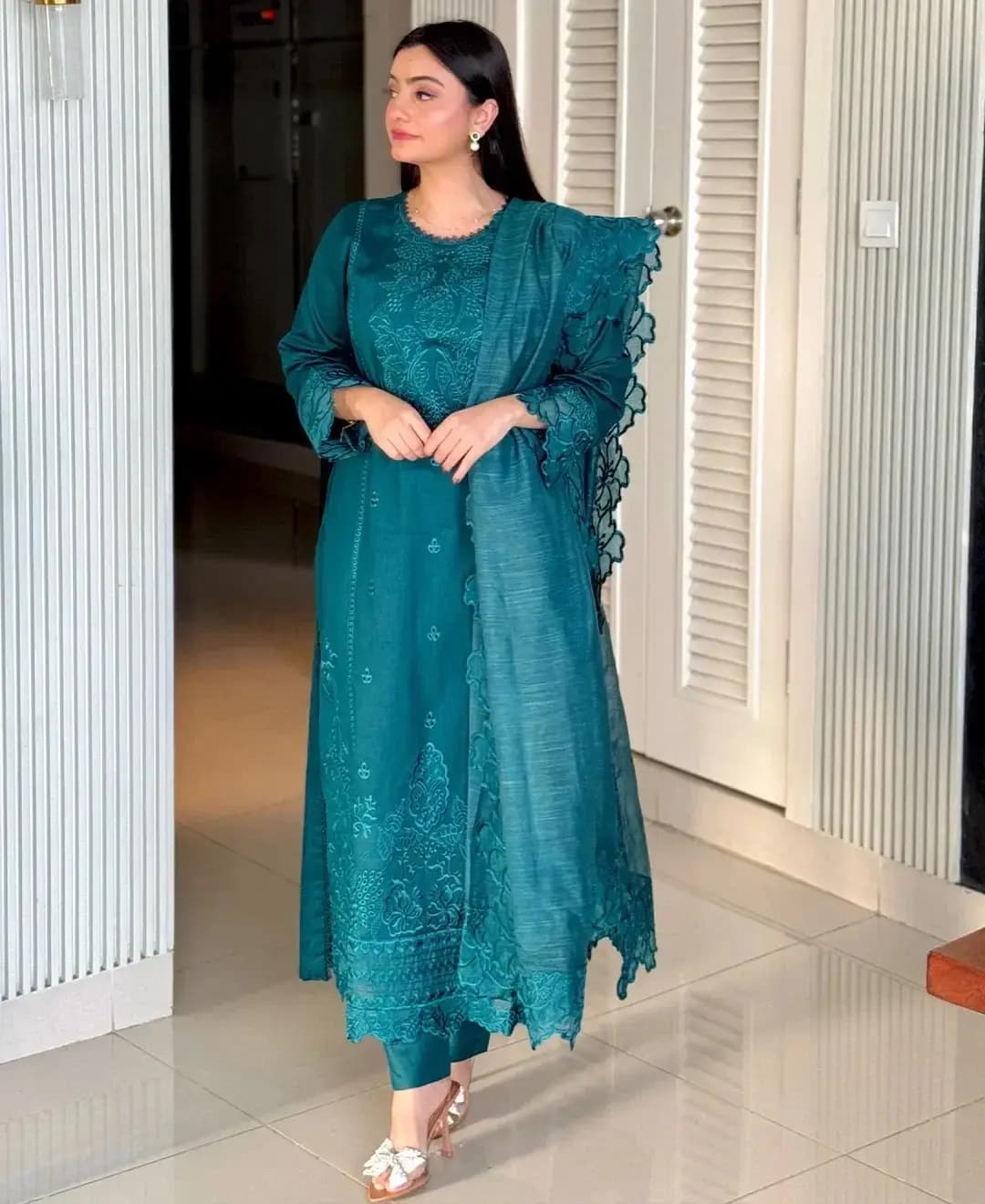 stunning 3 pcs women’s stitched embroidered suit in Lahore