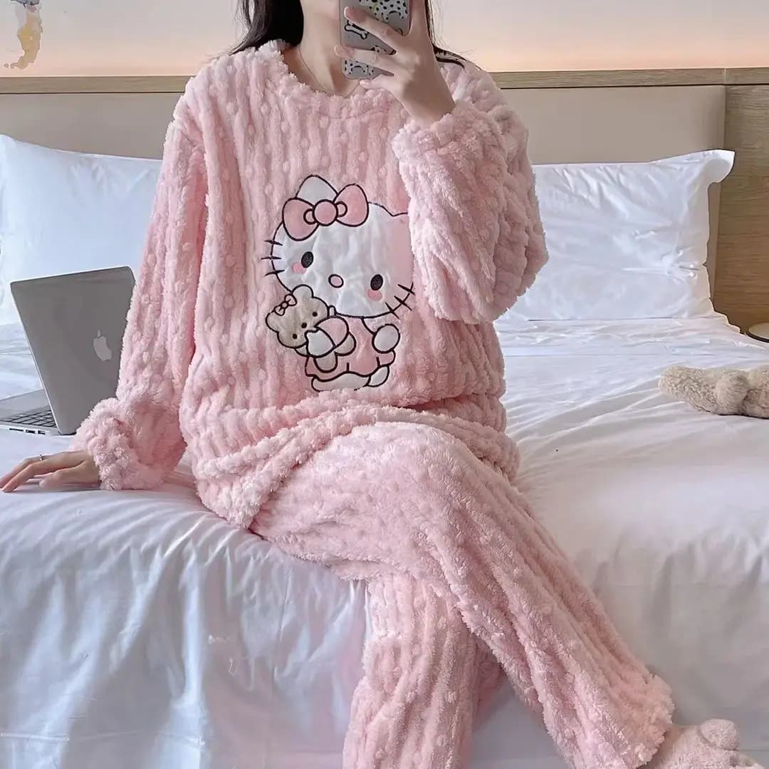 Women fleece hello kitty winter pajamas sweet cartoon home wear in Lahore