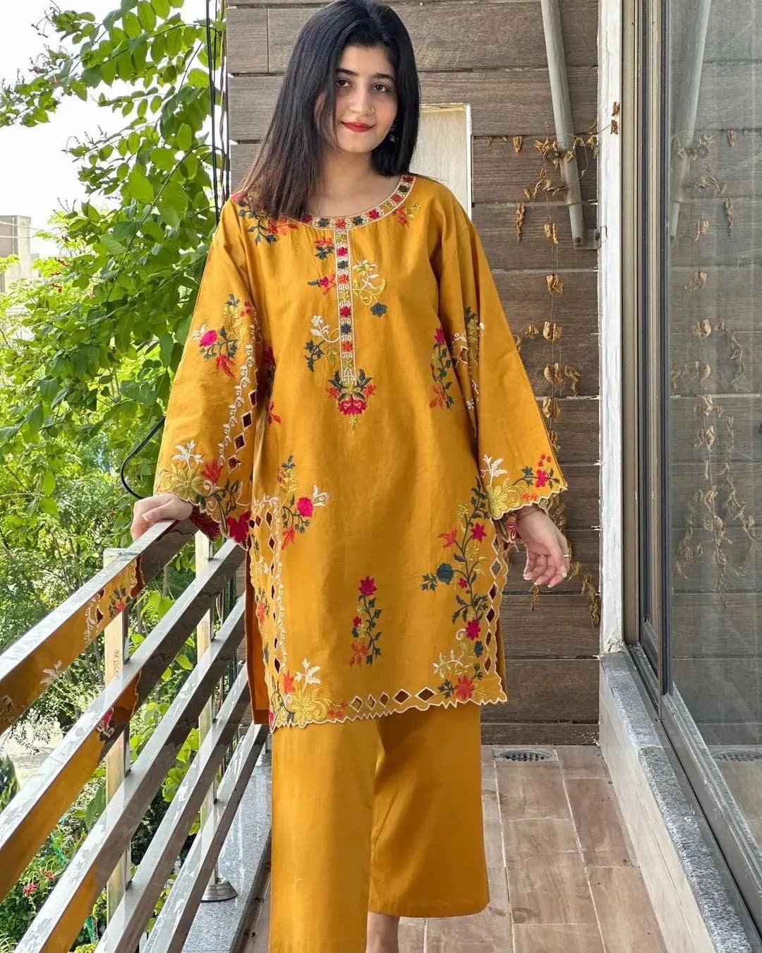 2 pcs women’s stitched linen embroidered shirt and trouser in Lahore
