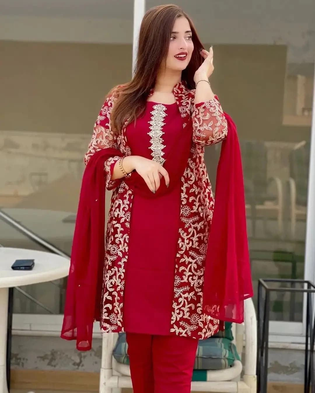 4 pcs women’s stitched shamoz silk embroidered suit in Lahore