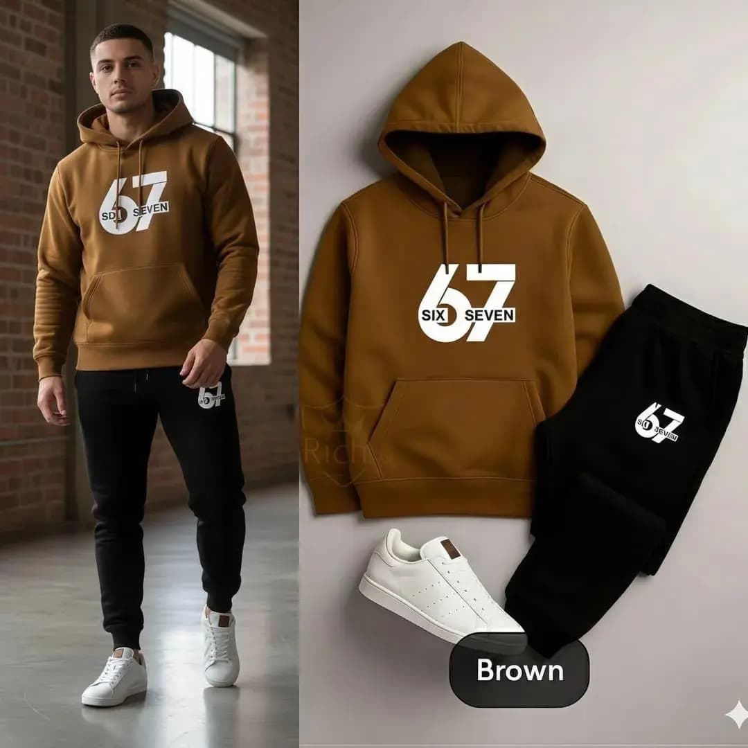 men brown fleece hoodie track suit with 67 logo in Lahore