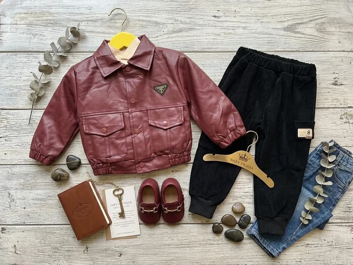 Stylish Baby Boy Winter Outfit Set – Maroon PU Faux Leather Jacket & Black Corduroy Cargo Trousers in Lahore