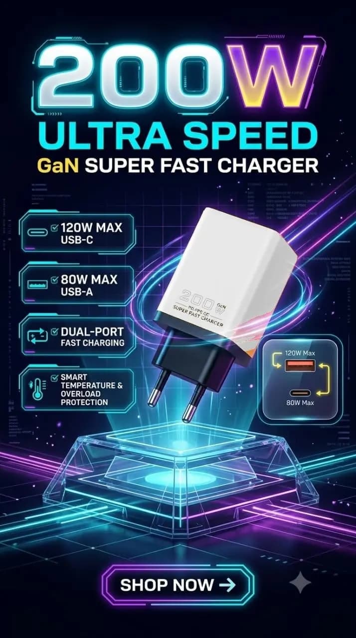 200W PD + USB-A Fast Charging Adapter! in Lahore