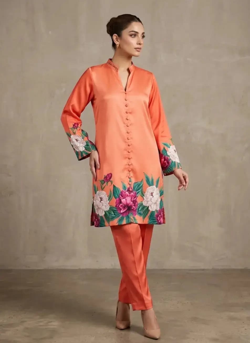2 pcs women’s stitched silk printed co-ord set in Lahore